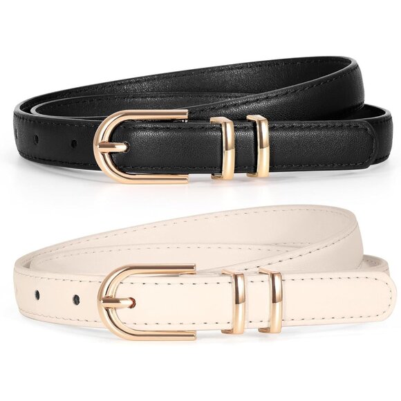 2 Pack Women's Skinny Leather Belts Black Beige Gold Thin Faux with Gold Buckle - Picture 6 of 7